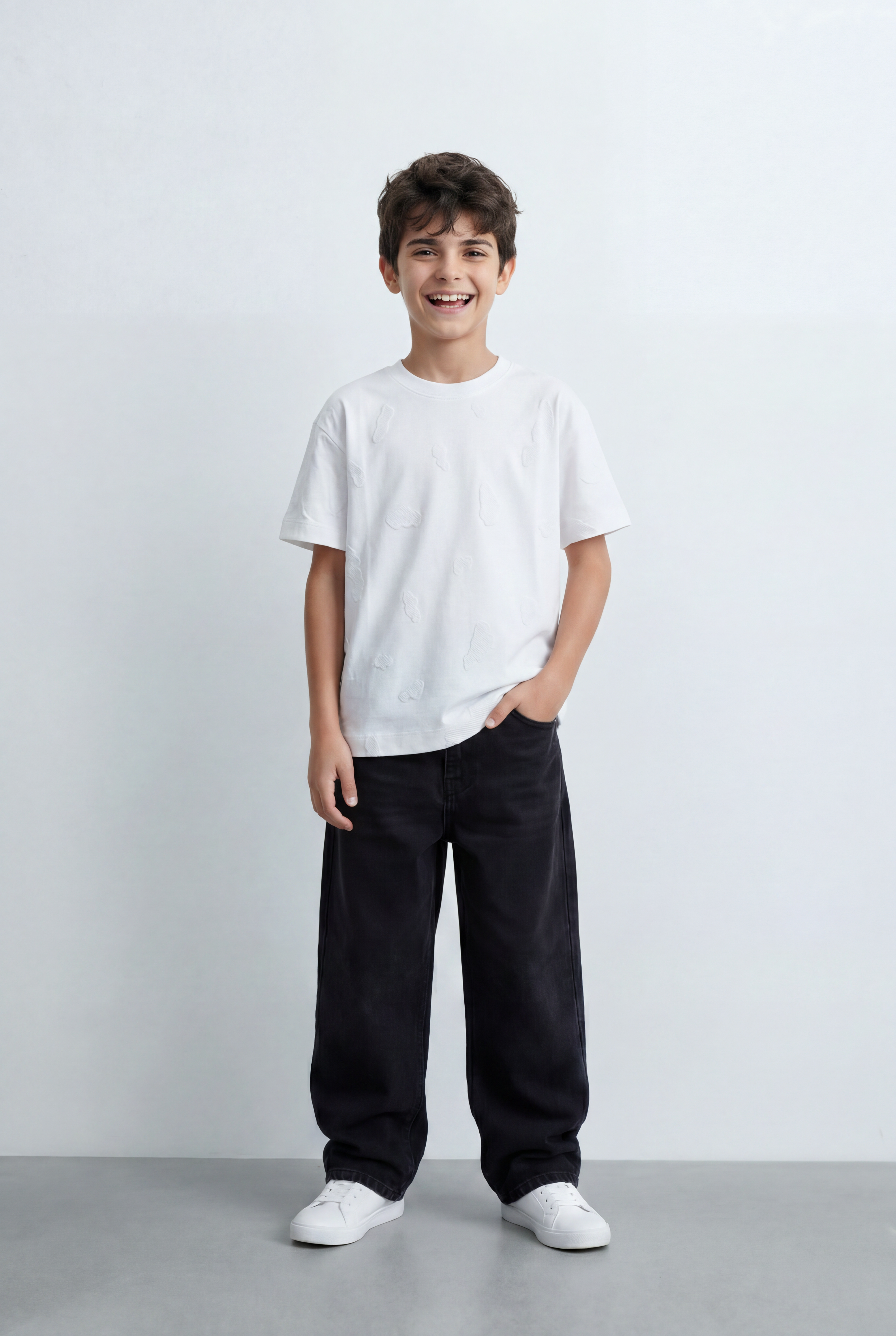 Boy's Tomato Store Oversize Cloud Outline T-Shirt Tonal Raised Animal Motifs Scattered Across The Body Clean Plain Base