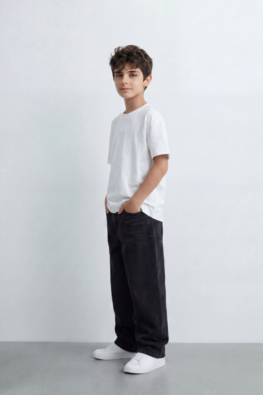 Boy's Tomato Store Oversize Cloud Outline T-Shirt Tonal Raised Animal Motifs Scattered Across The Body Clean Plain Base