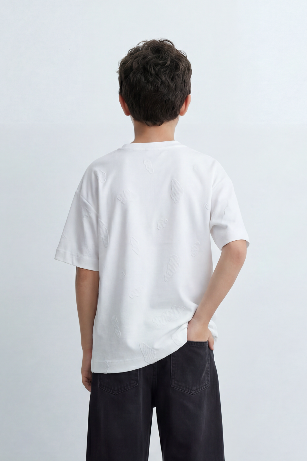 Boy's Tomato Store Oversize Cloud Outline T-Shirt Tonal Raised Animal Motifs Scattered Across The Body Clean Plain Base