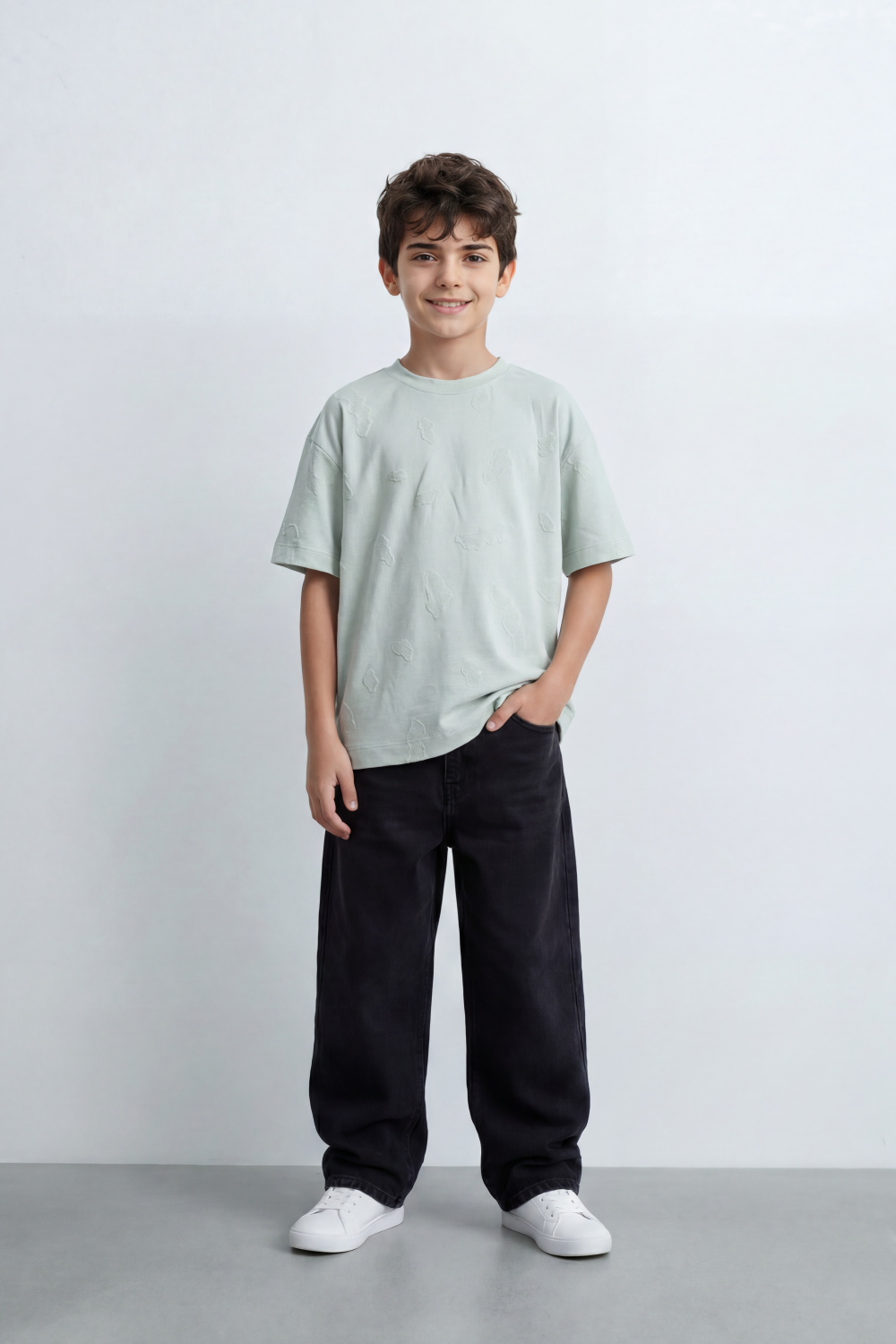 Boy's Tomato Store Oversize Cloud Outline T-Shirt Tonal Raised Animal Motifs Scattered Across The Body Clean Plain Base