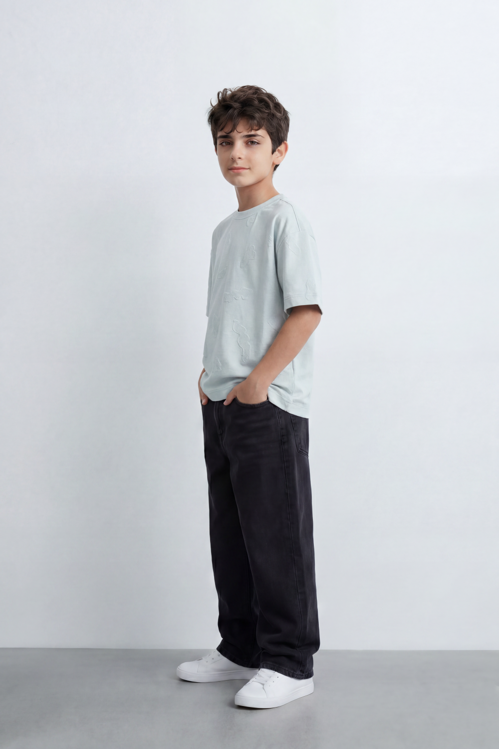 Boy's Tomato Store Oversize Cloud Outline T-Shirt Tonal Raised Animal Motifs Scattered Across The Body Clean Plain Base