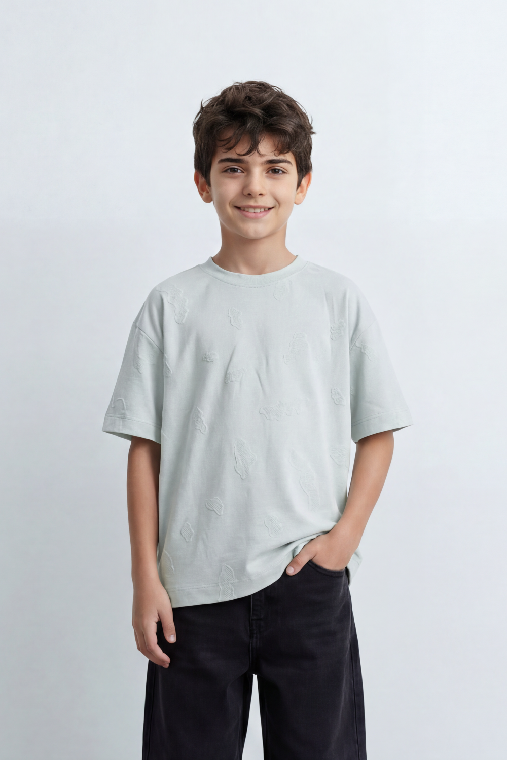Boy's Tomato Store Oversize Cloud Outline T-Shirt Tonal Raised Animal Motifs Scattered Across The Body Clean Plain Base
