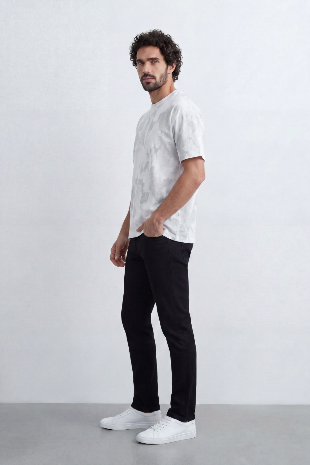 Men’s Tomato Store Pale Storm T-Shirt Watercolor Cloud Wash Moves Across The Body With Soft Brush Fade Texture Relaxed