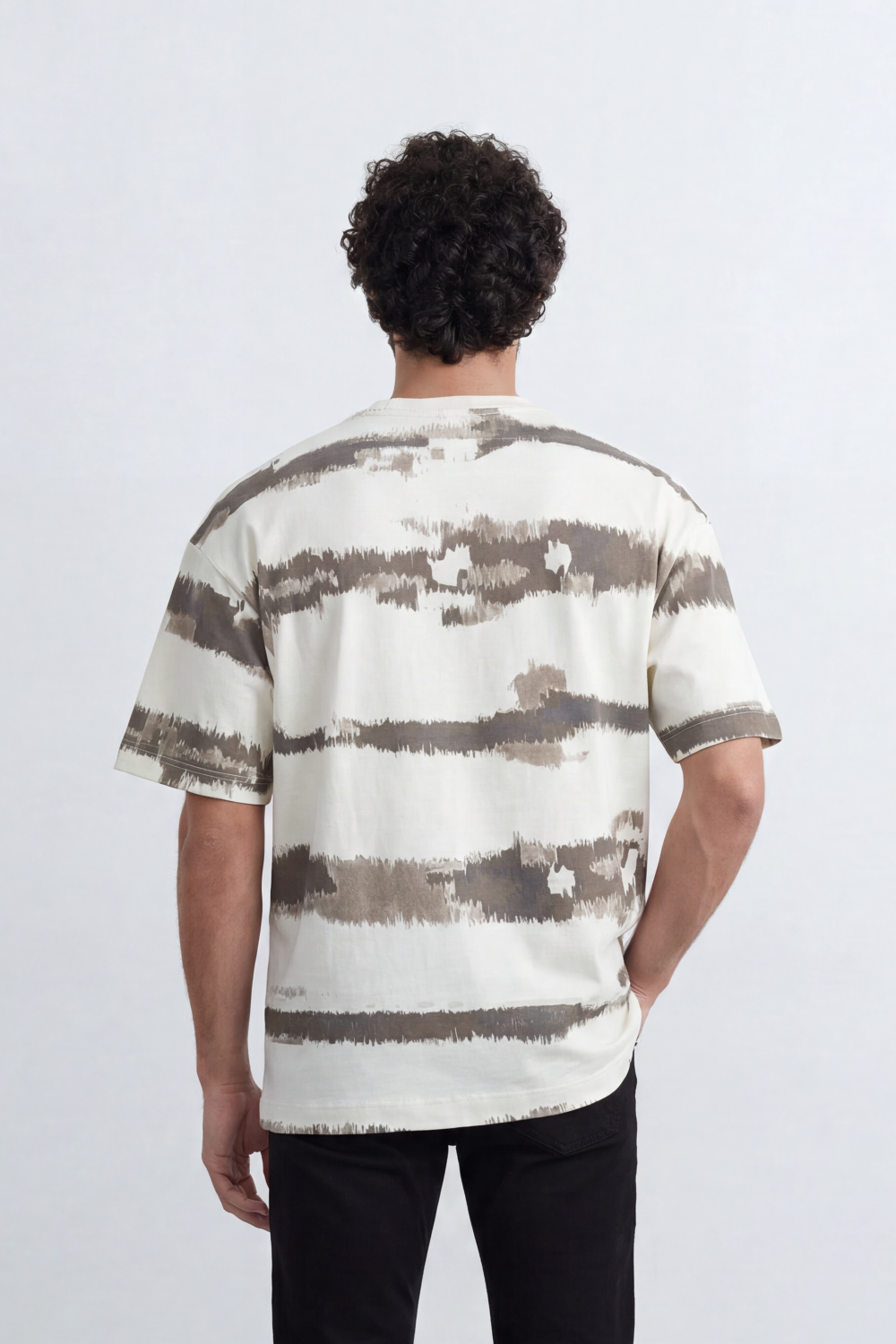 Men’s Tomato Store Brushline Stripe T-Shirt Painted Horizontal Stripe Artwork Across Body Rough Edge Print Texture Relaxed