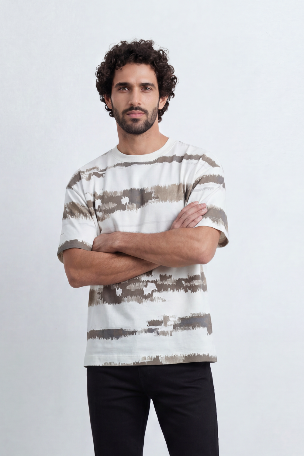 Men’s Tomato Store Brushline Stripe T-Shirt Painted Horizontal Stripe Artwork Across Body Rough Edge Print Texture Relaxed