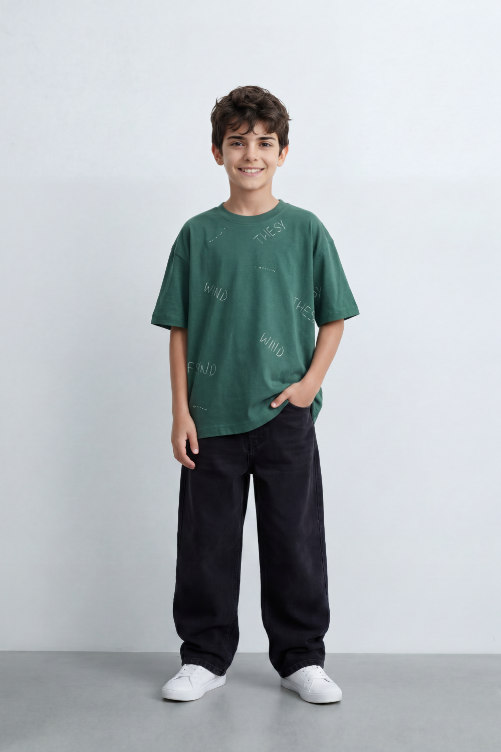Boys’ Tomato Store Wind Script T Shirt Scattered Handwritten Typography Across The Body Dotted Line Accents Plain Surface Oversized