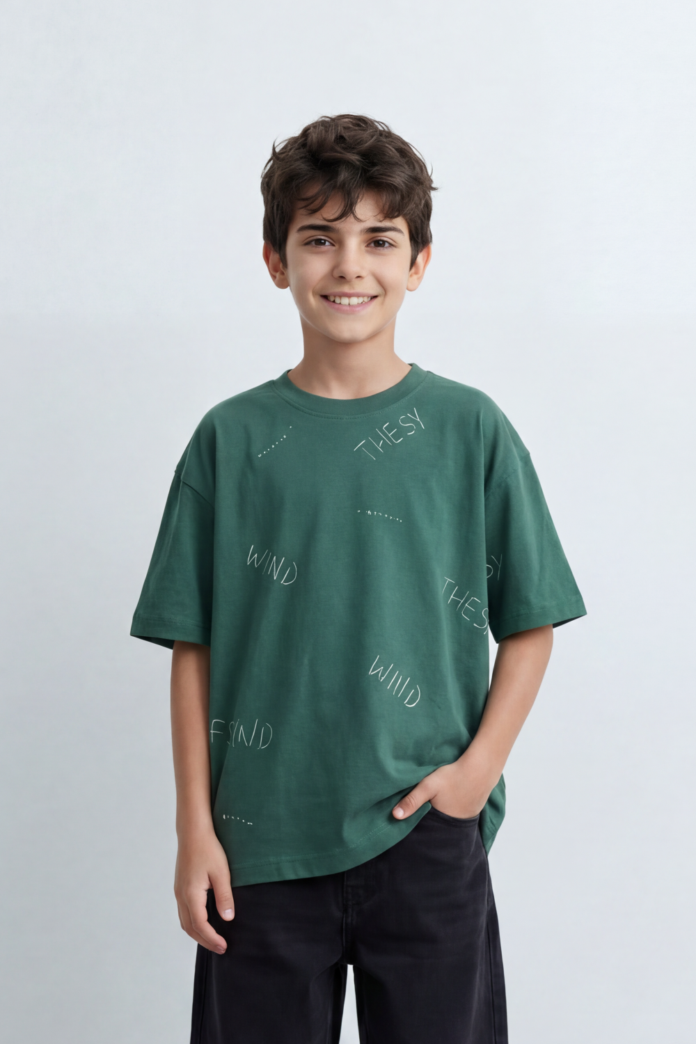 Boys’ Tomato Store Wind Script T Shirt Scattered Handwritten Typography Across The Body Dotted Line Accents Plain Surface Oversized
