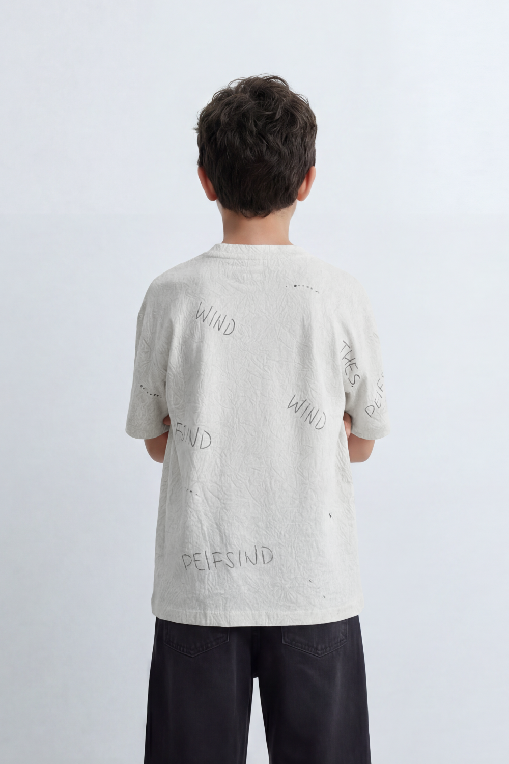 Boys’ Tomato Store Wind Script T Shirt Scattered Handwritten Typography Across The Body Dotted Line Accents Plain Surface Oversized