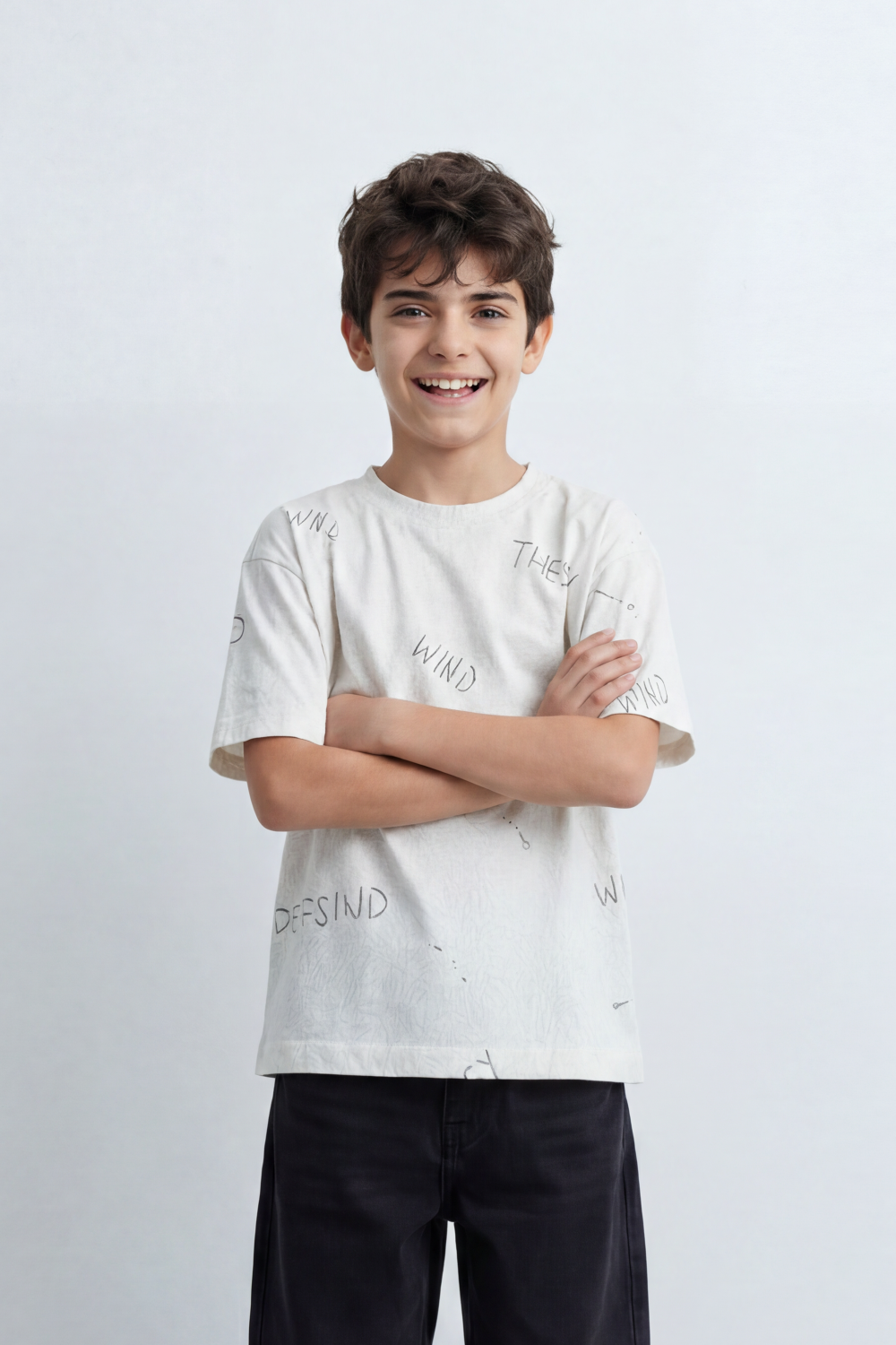 Boys’ Tomato Store Wind Script T Shirt Scattered Handwritten Typography Across The Body Dotted Line Accents Plain Surface Oversized
