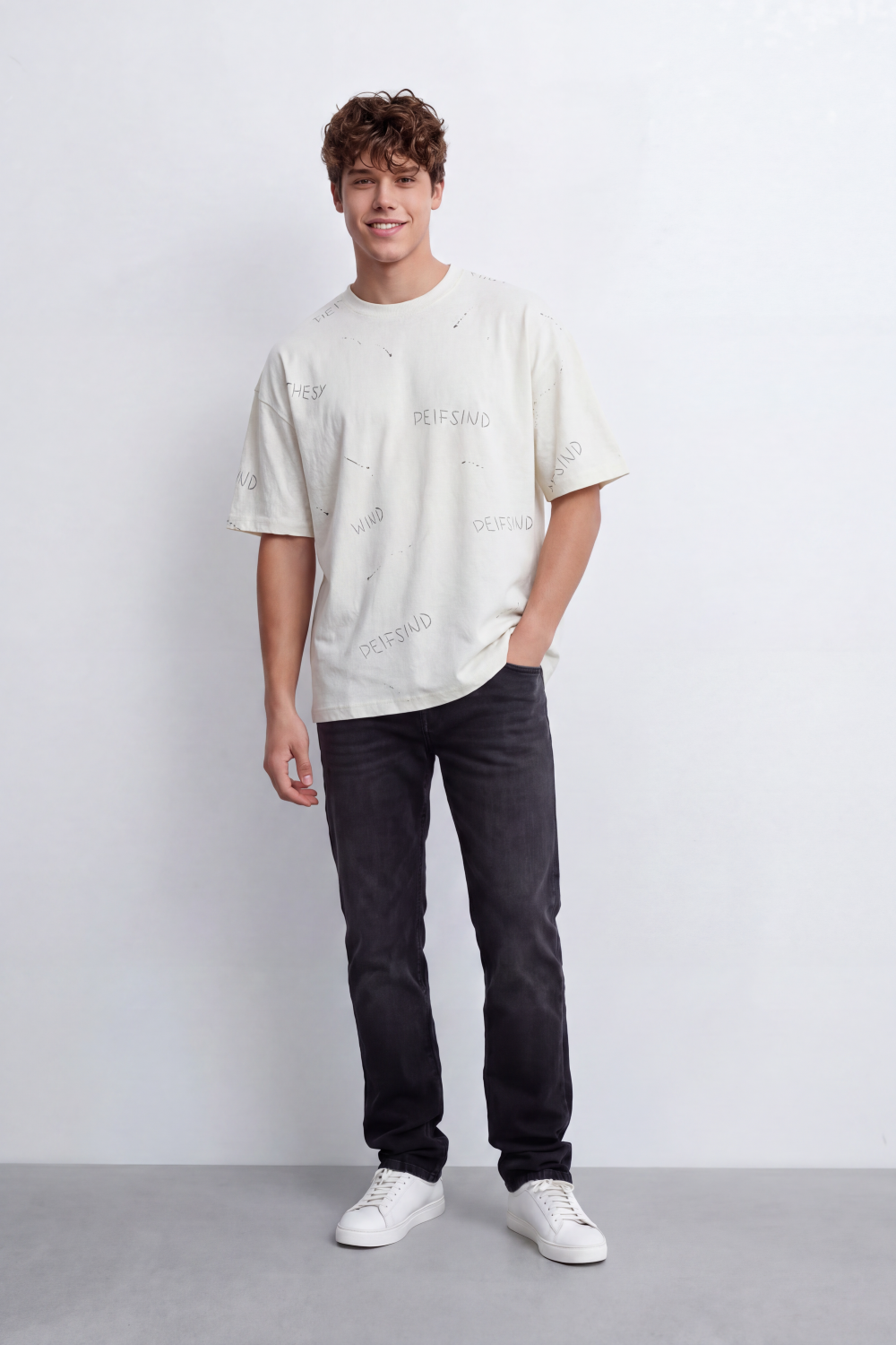Men's Tomato Store Washed Relaxed Fit T-Shirt Tonal Embossed Typography Allover Detail