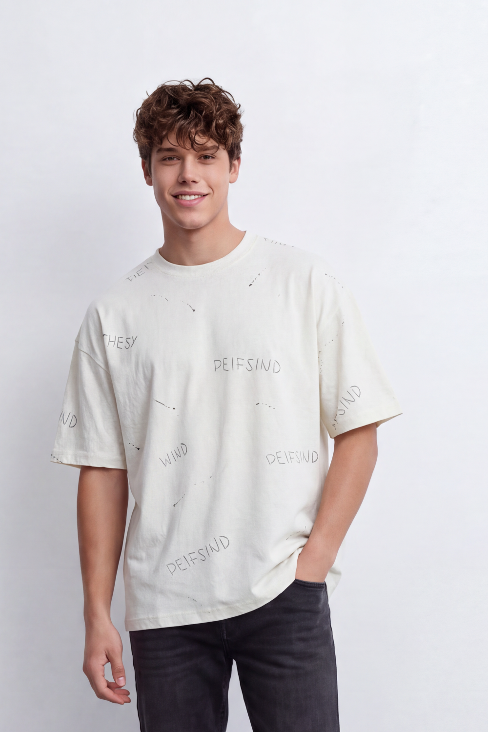 Men's Tomato Store Washed Relaxed Fit T-Shirt Tonal Embossed Typography Allover Detail