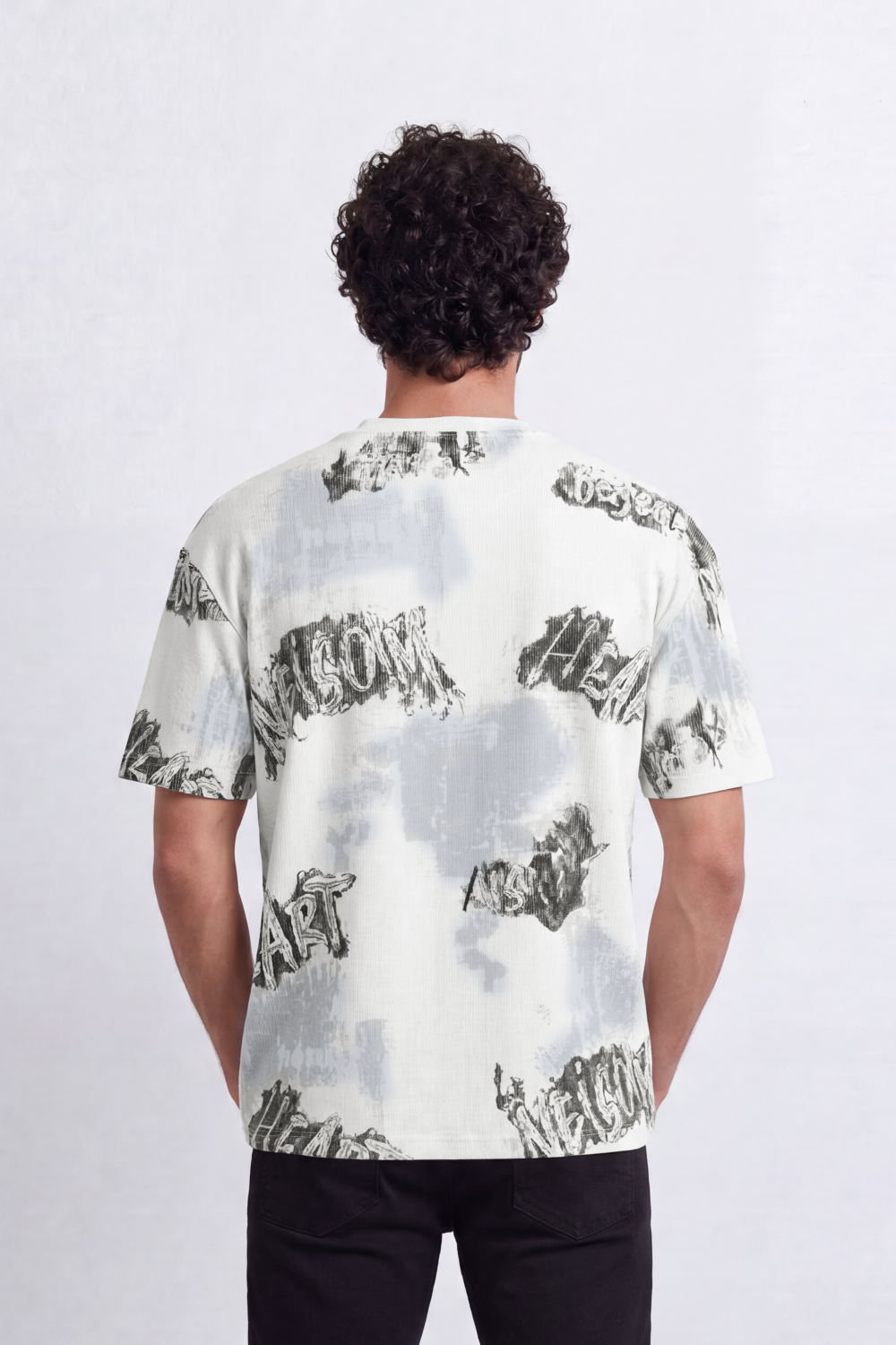 Men’s Tomato Store Static Wordmark T-Shirt Allover Grunge Typography Artwork Mixed With Faded Wash Panels Fine Vertical Texture Relaxed