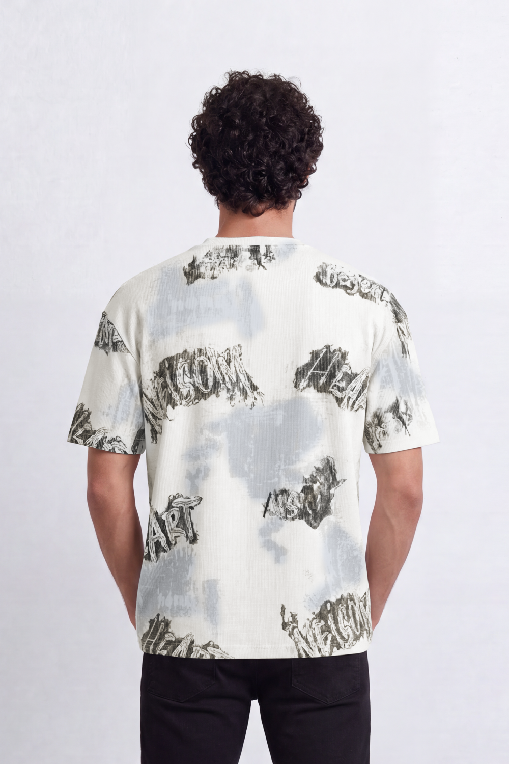 Men’s Tomato Store Static Wordmark T-Shirt Allover Grunge Typography Artwork Mixed With Faded Wash Panels Fine Vertical Texture Relaxed