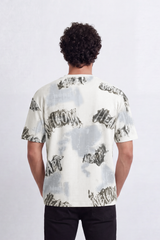 Men’s Tomato Store Static Wordmark T-Shirt Allover Grunge Typography Artwork Mixed With Faded Wash Panels Fine Vertical Texture Relaxed