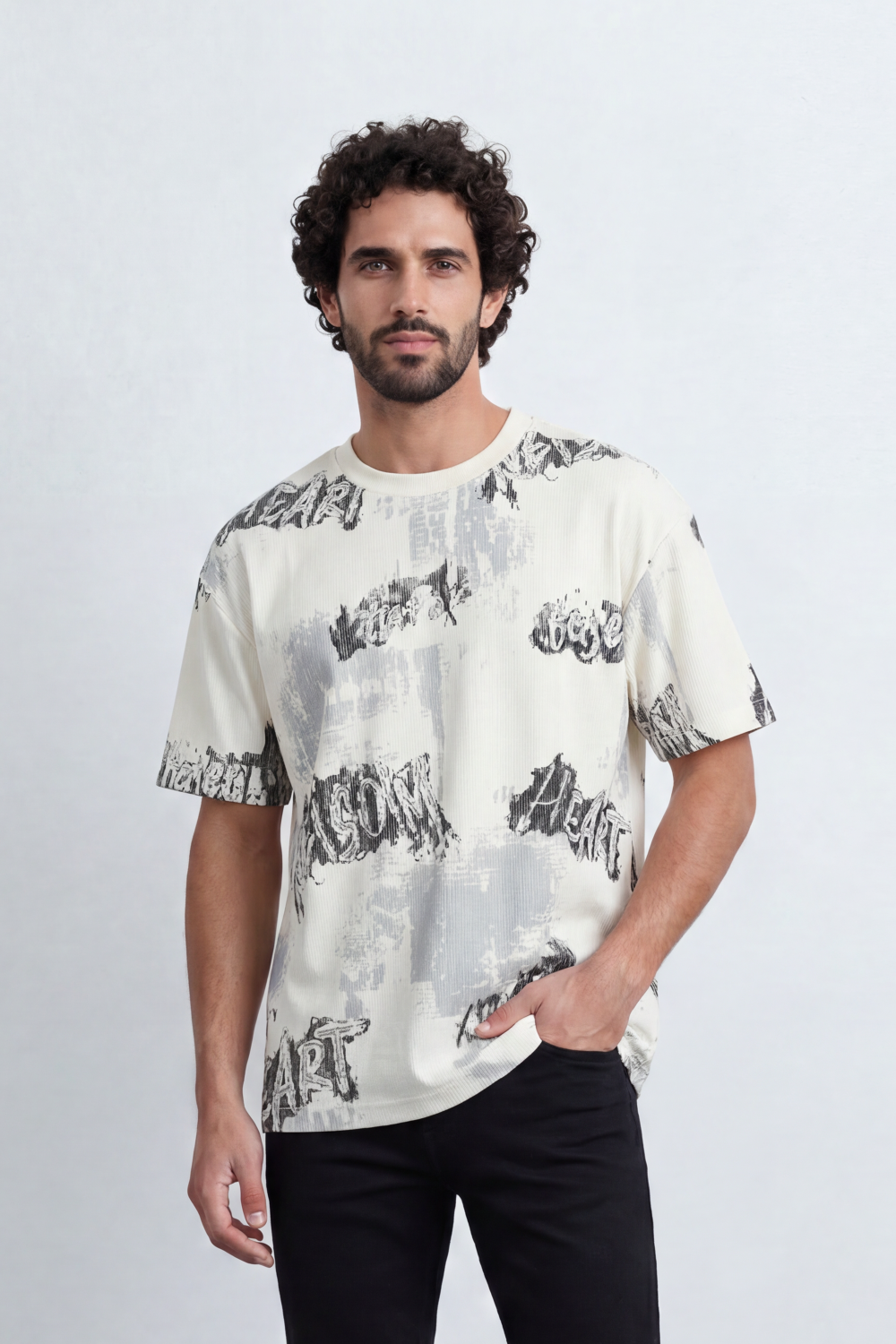 Men’s Tomato Store Static Wordmark T-Shirt Allover Grunge Typography Artwork Mixed With Faded Wash Panels Fine Vertical Texture Relaxed