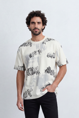 Men’s Tomato Store Static Wordmark T-Shirt Allover Grunge Typography Artwork Mixed With Faded Wash Panels Fine Vertical Texture Relaxed