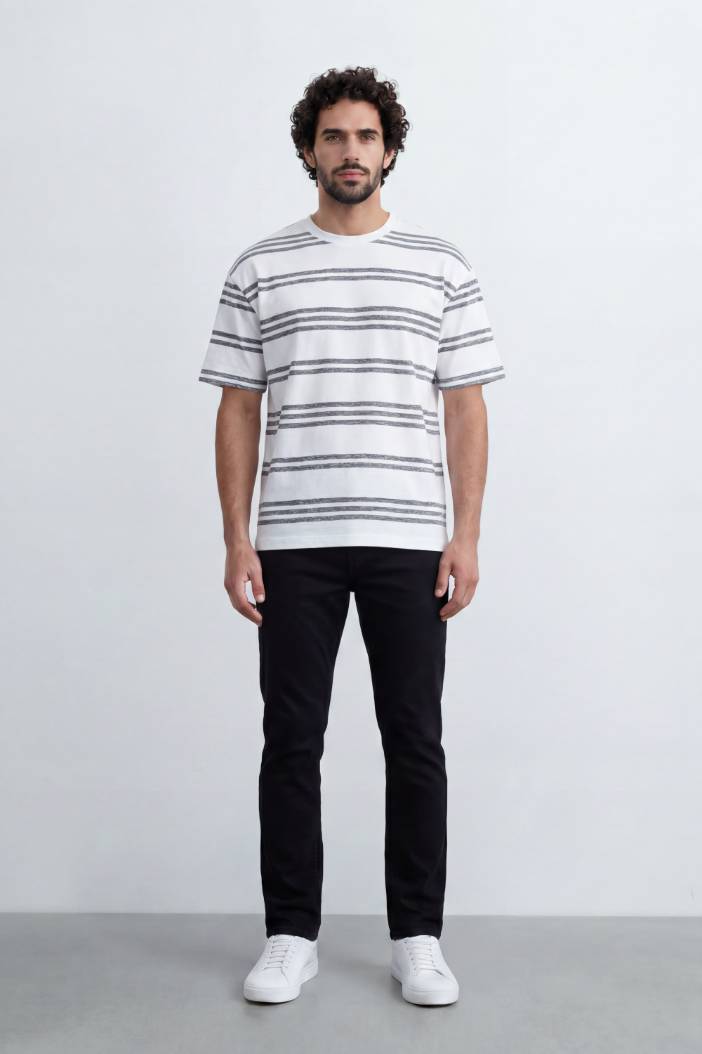 Men’s Tomato Store Parallel Wash T-Shirt Texture Allover Horizontal Stripe Print Distressed Line Effect Relaxed Fit