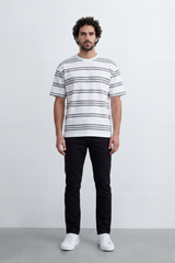Men’s Tomato Store Parallel Wash T-Shirt Texture Allover Horizontal Stripe Print Distressed Line Effect Relaxed Fit