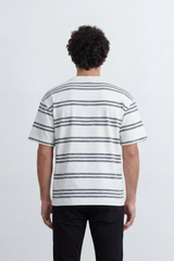 Men’s Tomato Store Parallel Wash T-Shirt Texture Allover Horizontal Stripe Print Distressed Line Effect Relaxed Fit
