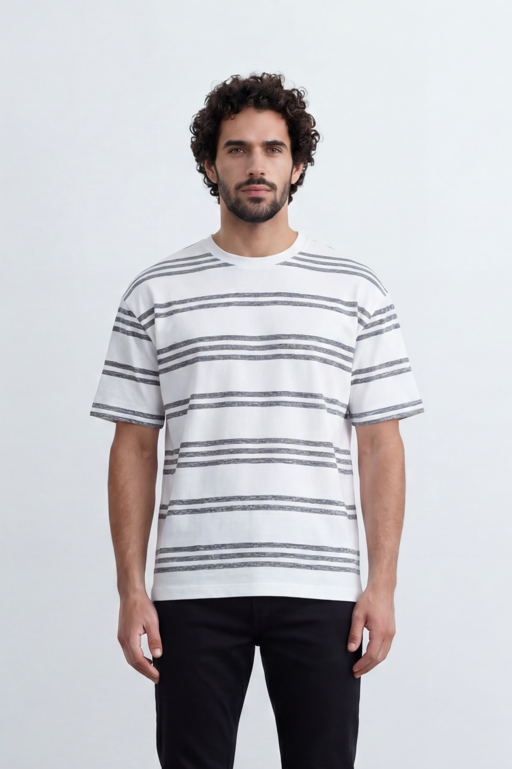 Men’s Tomato Store Parallel Wash T-Shirt Texture Allover Horizontal Stripe Print Distressed Line Effect Relaxed Fit