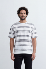 Men’s Tomato Store Parallel Wash T-Shirt Texture Allover Horizontal Stripe Print Distressed Line Effect Relaxed Fit