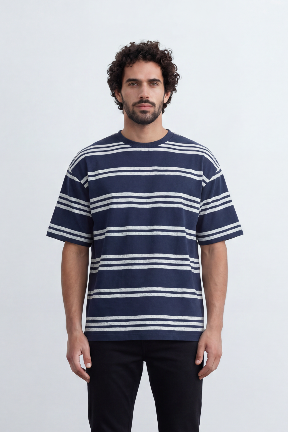 Men’s Tomato Store Parallel Wash T-Shirt Texture Allover Horizontal Stripe Print Distressed Line Effect Relaxed Fit