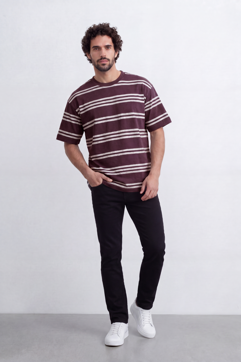 Men’s Tomato Store Parallel Wash T-Shirt Texture Allover Horizontal Stripe Print Distressed Line Effect Relaxed Fit