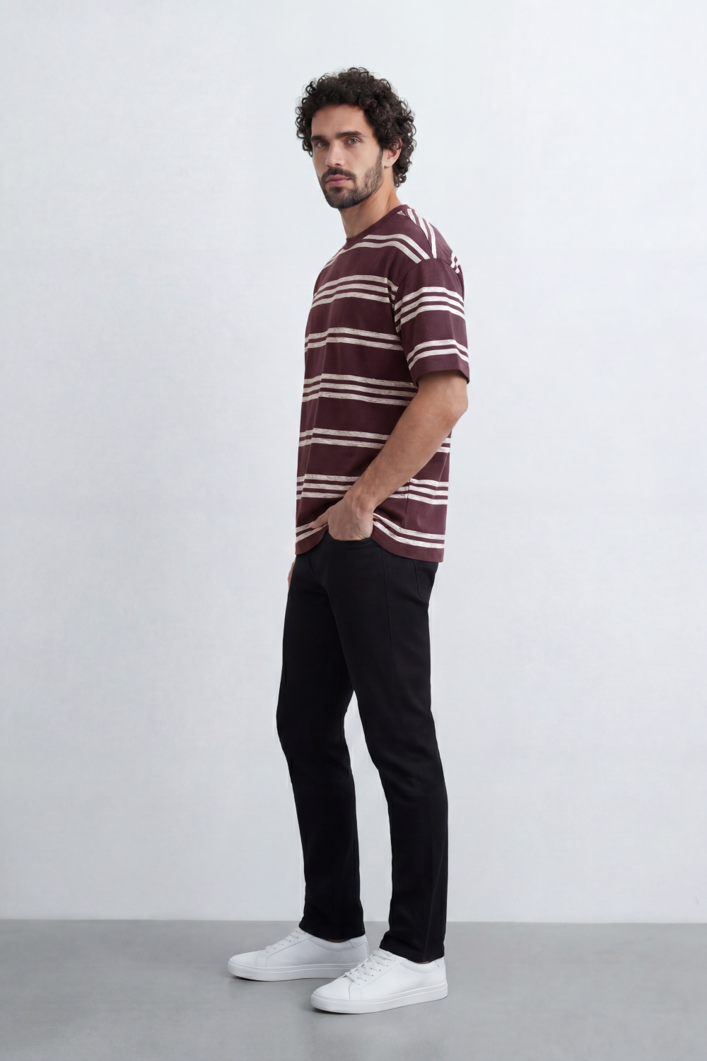 Men’s Tomato Store Parallel Wash T-Shirt Texture Allover Horizontal Stripe Print Distressed Line Effect Relaxed Fit
