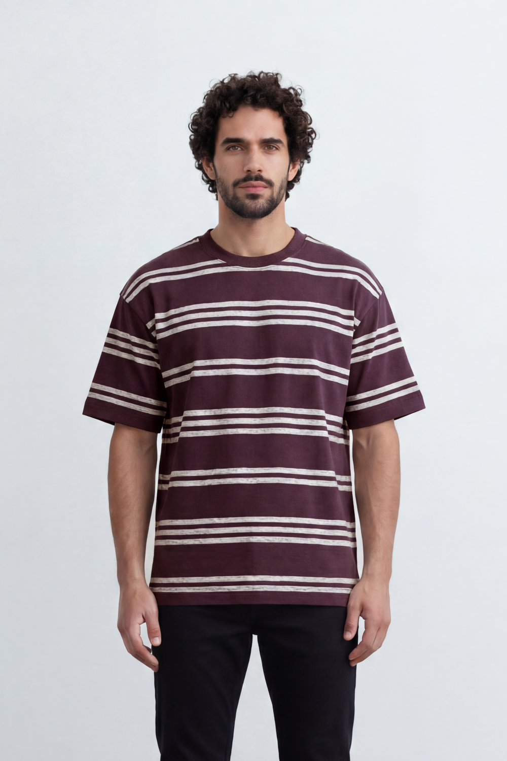 Men’s Tomato Store Parallel Wash T-Shirt Texture Allover Horizontal Stripe Print Distressed Line Effect Relaxed Fit