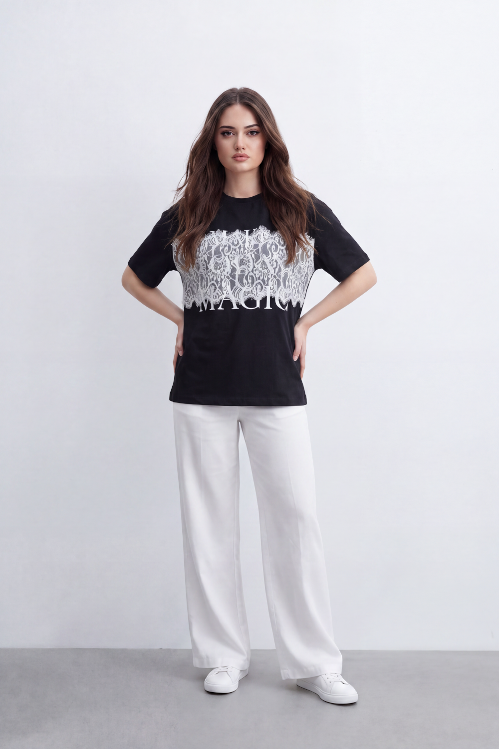 Women's Tomato Store  Graphic T-Shirt Lace-Inspired Chest Artwork Magic Slogan Detail