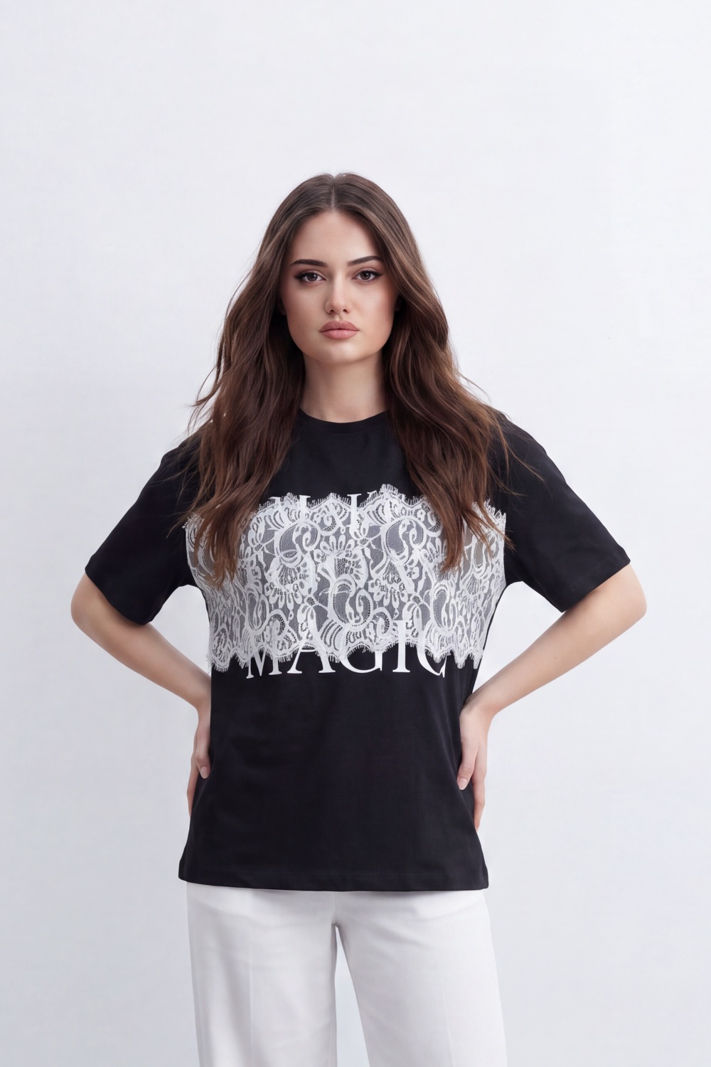 Women's Tomato Store  Graphic T-Shirt Lace-Inspired Chest Artwork Magic Slogan Detail