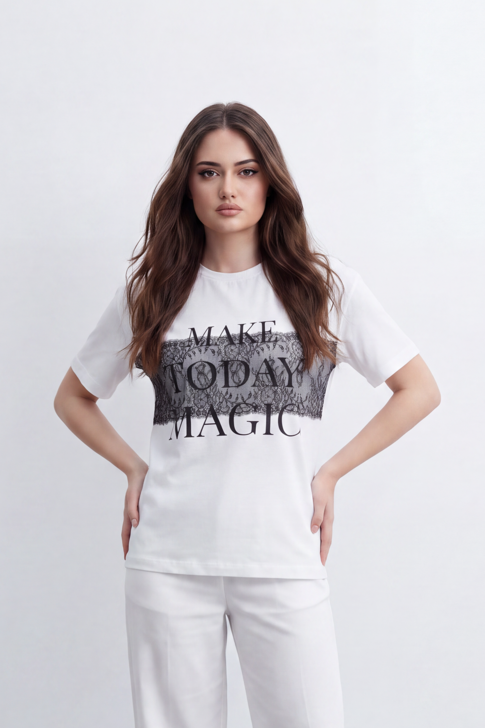 Women's Tomato Store  Graphic T-Shirt Lace-Inspired Chest Artwork Magic Slogan Detail