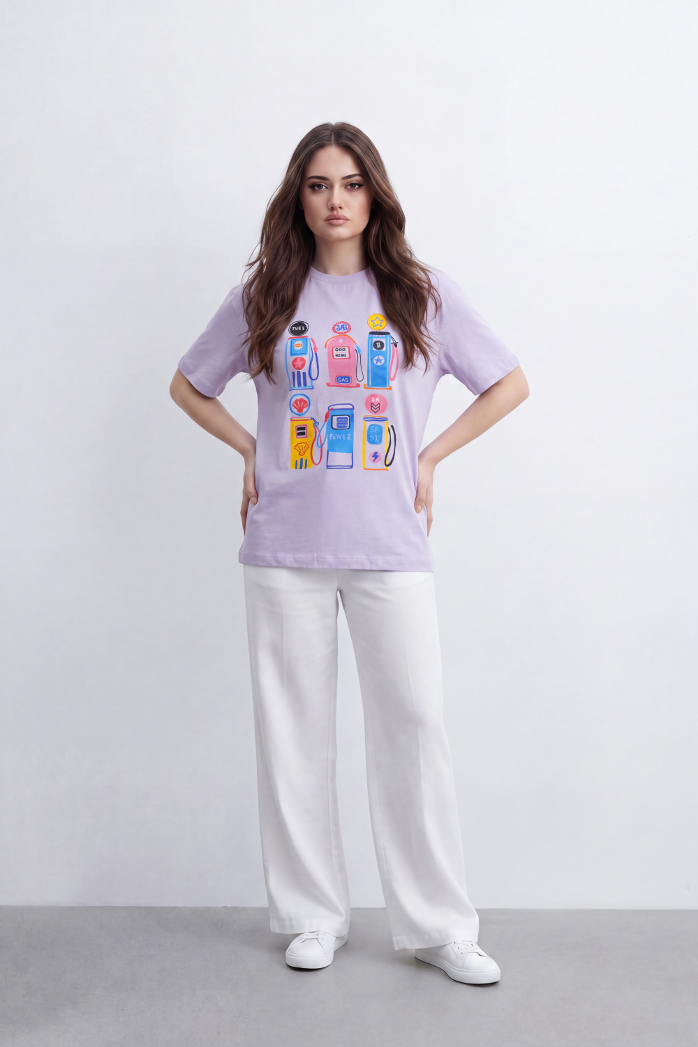 Women's Tomato Store  Graphic T-Shirt Colorful Fuel Pump Artwork Playful Retro Motif