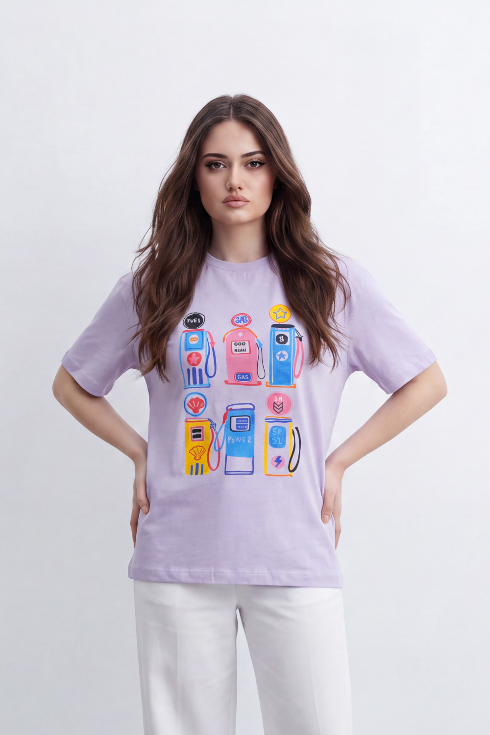 Women's Tomato Store  Graphic T-Shirt Colorful Fuel Pump Artwork Playful Retro Motif