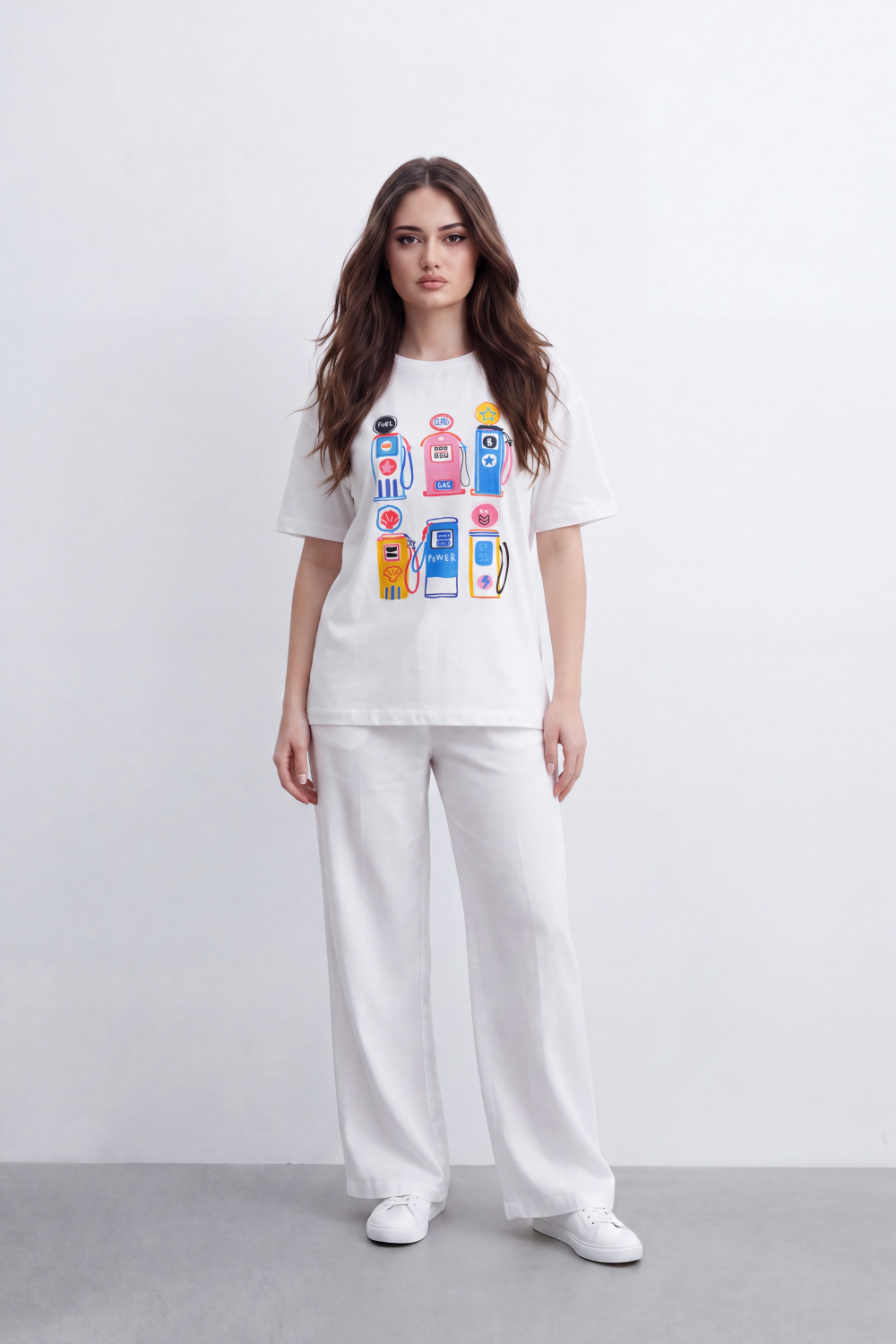 Women's Tomato Store  Graphic T-Shirt Colorful Fuel Pump Artwork Playful Retro Motif