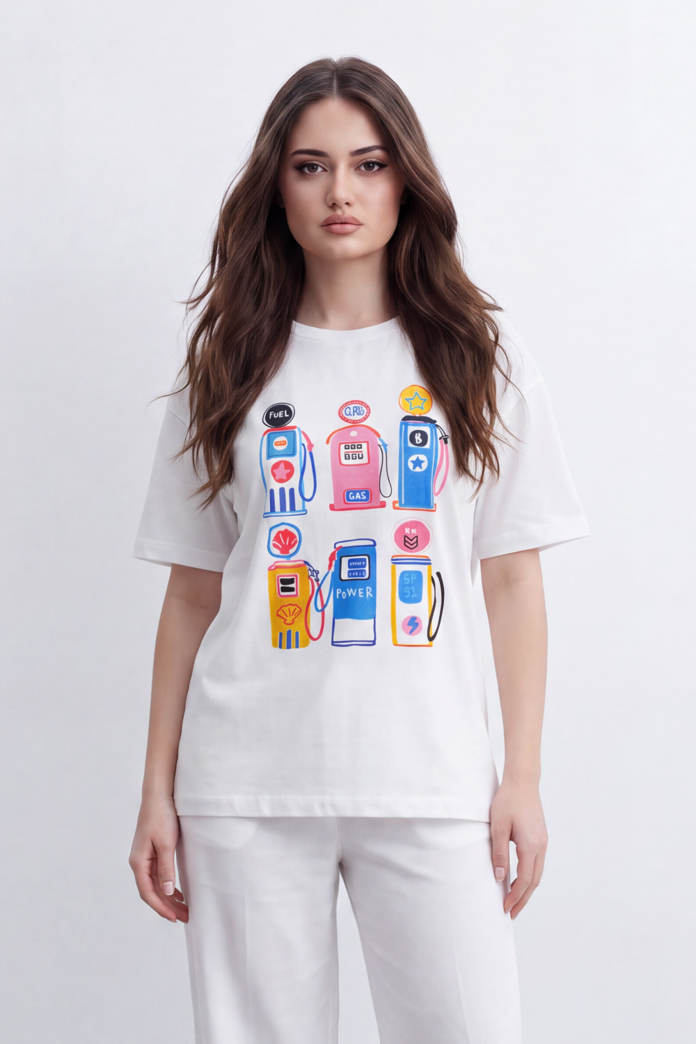 Women's Tomato Store  Graphic T-Shirt Colorful Fuel Pump Artwork Playful Retro Motif