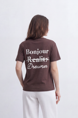Women's Tomato Store Graphic T-Shirt Bonjour Reality Dreamer Front And Back Typography