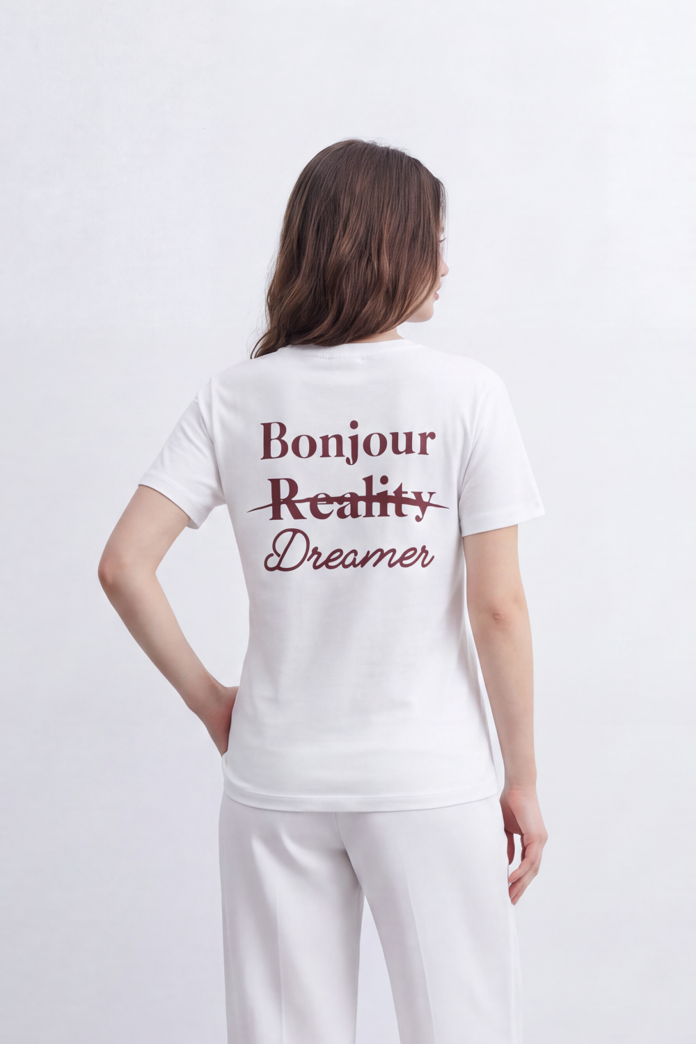 Women's Tomato Store Graphic T-Shirt Bonjour Reality Dreamer Front And Back Typography