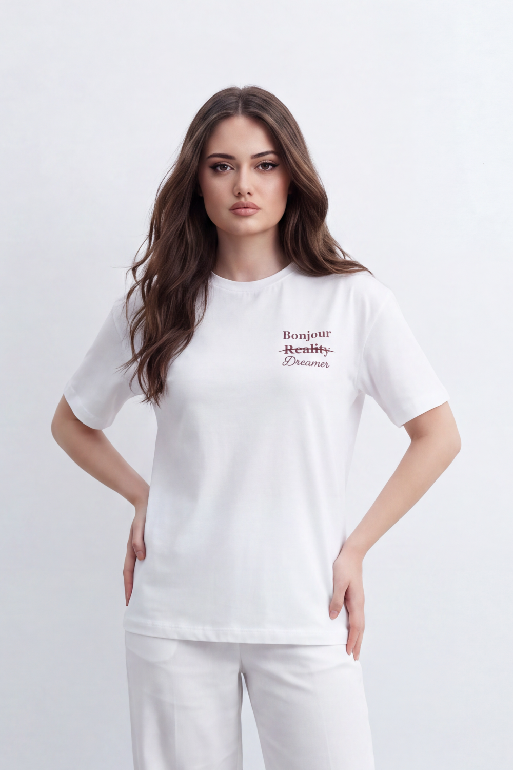 Women's Tomato Store Graphic T-Shirt Bonjour Reality Dreamer Front And Back Typography
