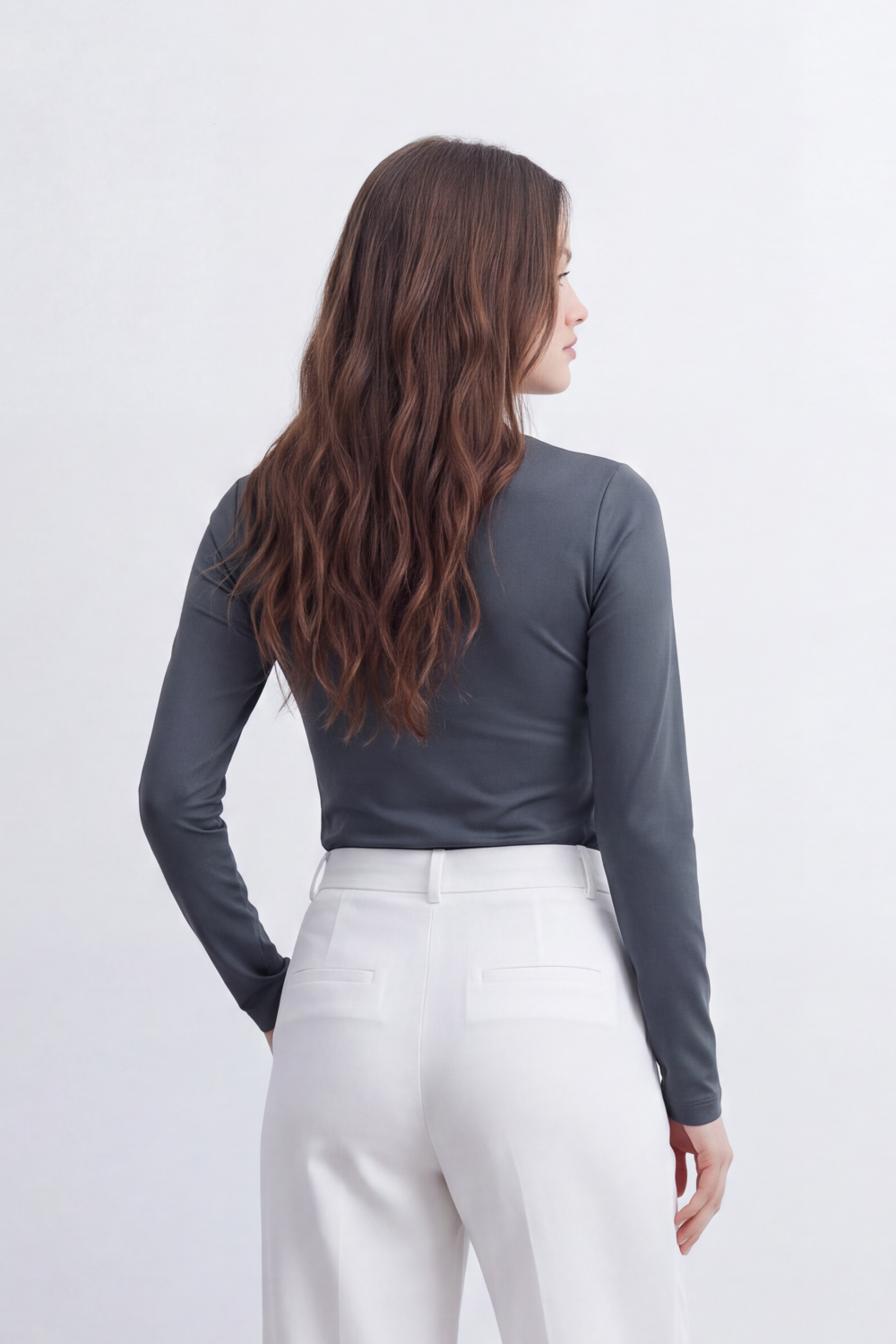 Women's Tomato Store Soft Stretch Jersey Long Sleeve Top Clean Crew Neck Sleek T-Shirt