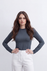 Women's Tomato Store Soft Stretch Jersey Long Sleeve Top Clean Crew Neck Sleek T-Shirt