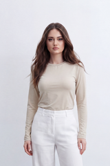 Women's Tomato Store Soft Stretch Jersey Long Sleeve Top Clean Crew Neck Sleek T-Shirt