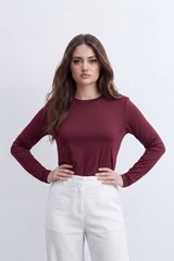 Women's Tomato Store Soft Stretch Jersey Long Sleeve Top Clean Crew Neck Sleek T-Shirt