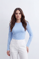 Women's Tomato Store Soft Stretch Jersey Long Sleeve Top Clean Crew Neck Sleek T-Shirt