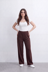 Women’s Tomato Store Heather Flow Pants Melange Soft Texture Elastic Waist Side Pockets Full Wide Leg Shape