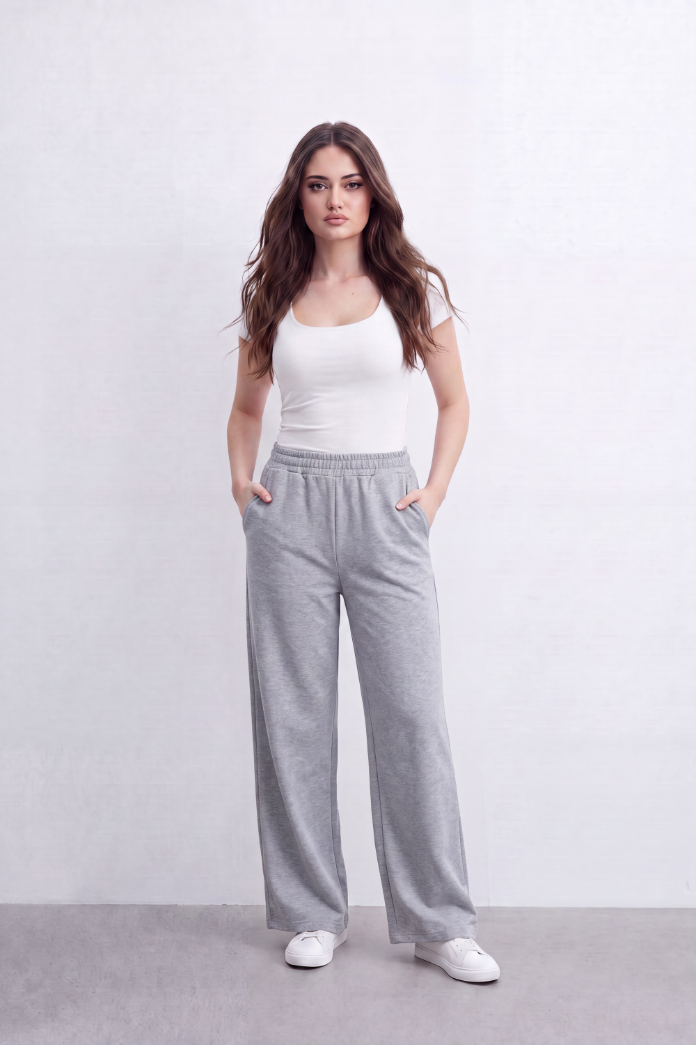 Women’s Tomato Store Heather Flow Pants Melange Soft Texture Elastic Waist Side Pockets Full Wide Leg Shape