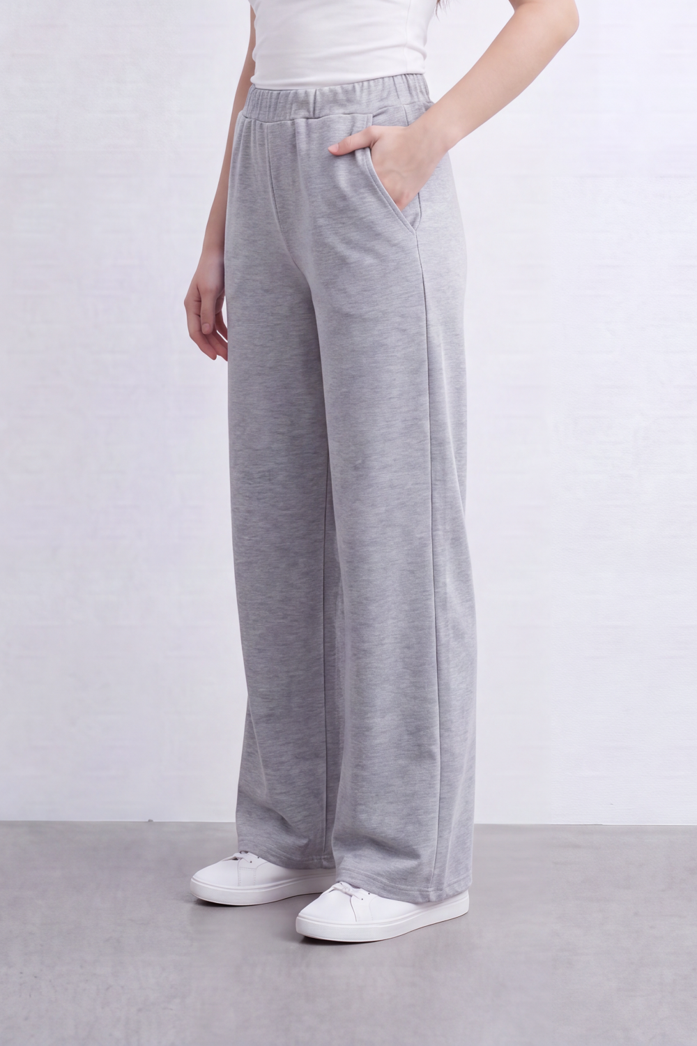 Women’s Tomato Store Heather Flow Pants Melange Soft Texture Elastic Waist Side Pockets Full Wide Leg Shape