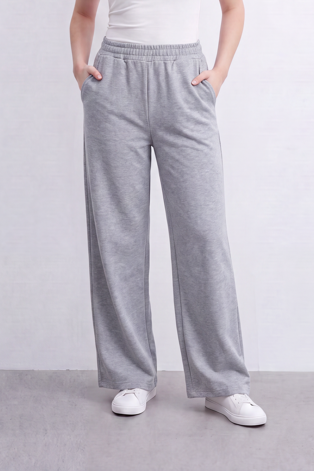 Women’s Tomato Store Heather Flow Pants Melange Soft Texture Elastic Waist Side Pockets Full Wide Leg Shape