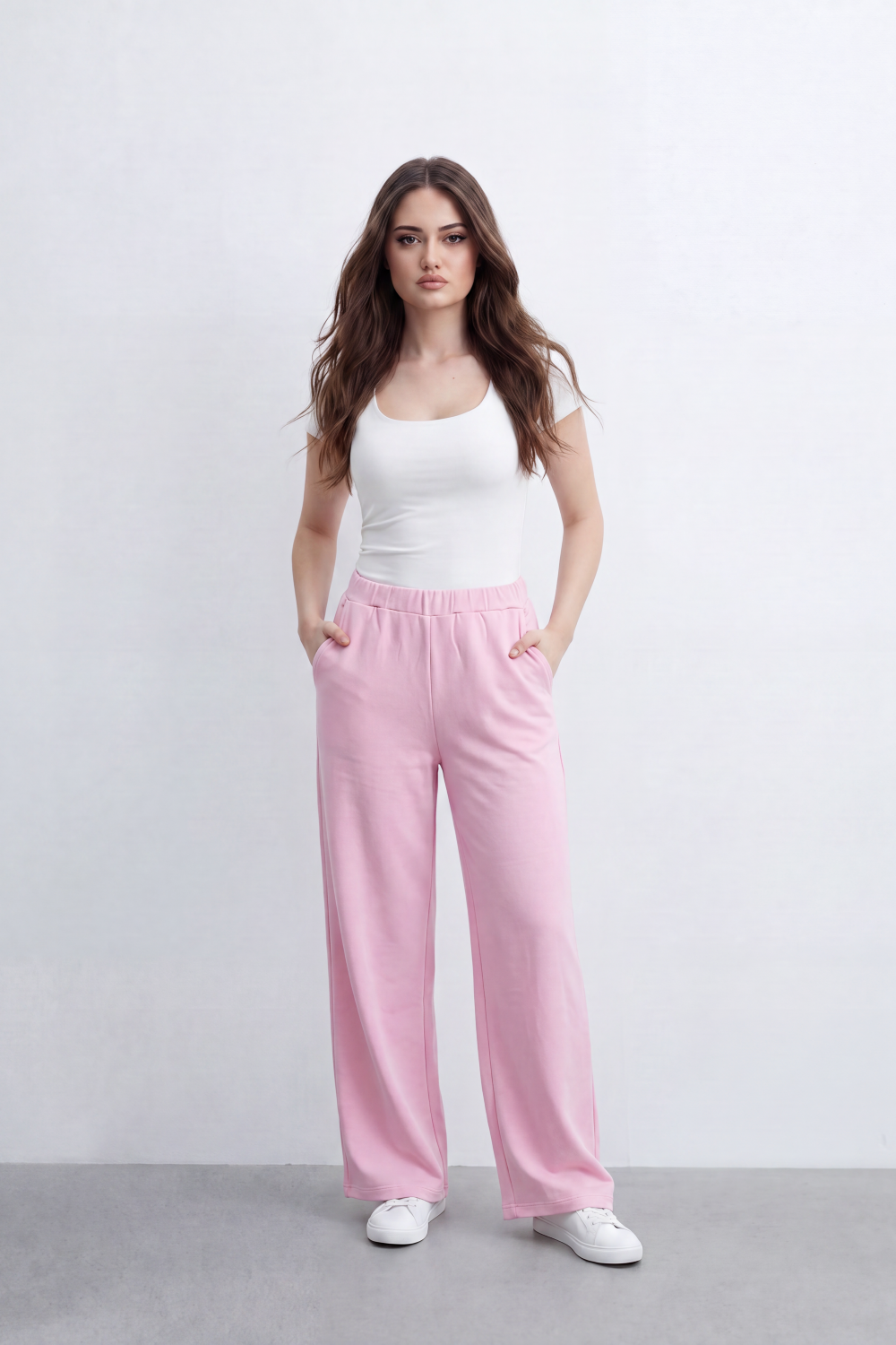 Women’s Tomato Store Heather Flow Pants Melange Soft Texture Elastic Waist Side Pockets Full Wide Leg Shape