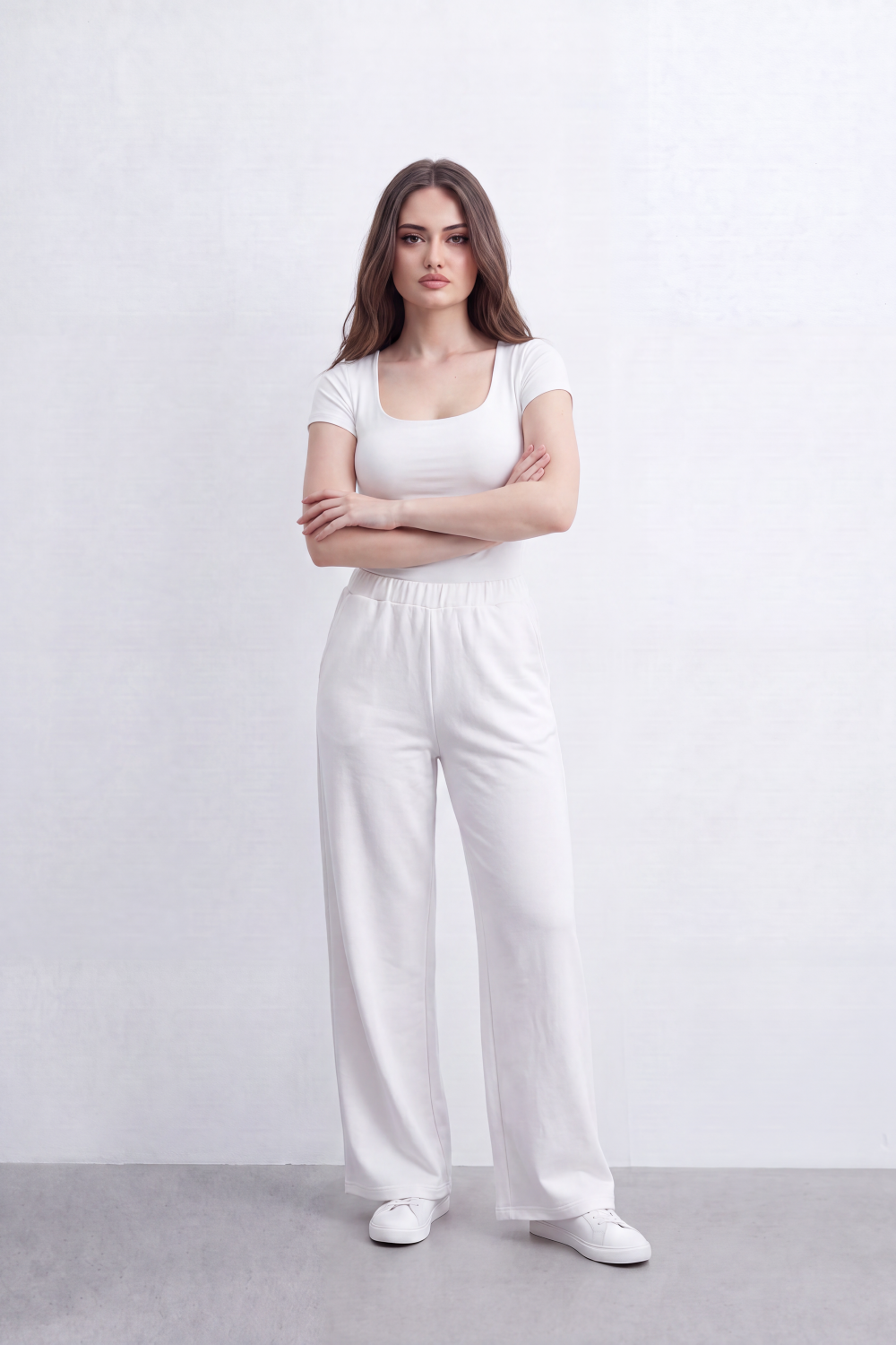 Women’s Tomato Store Heather Flow Pants Melange Soft Texture Elastic Waist Side Pockets Full Wide Leg Shape